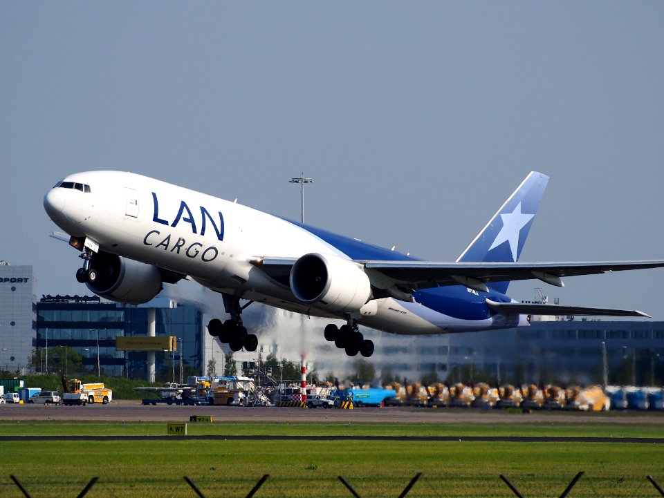 N774LA LAN Cargo Boeing 777F takeoff from Schiphol (AMS - EHAM), The Netherlands, 18may2014, pic-1