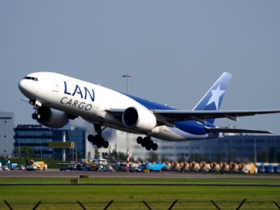 N774LA LAN Cargo Boeing 777F takeoff from Schiphol (AMS - EHAM), The Netherlands, 18may2014, pic-1