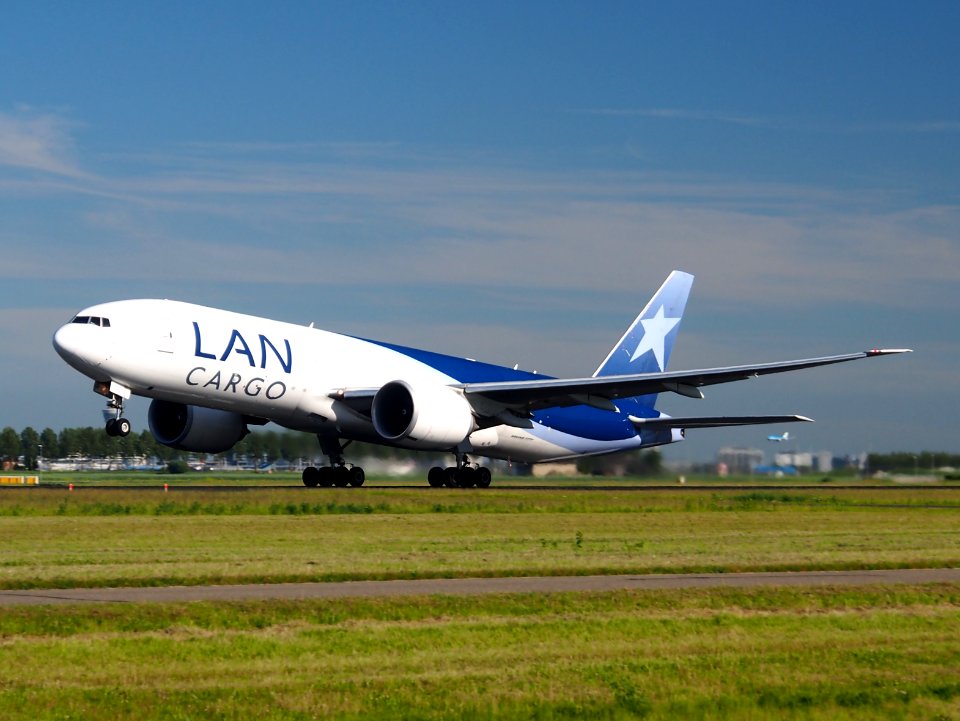 N772LA LAN Cargo Boeing 777-F6N takeoff from Schiphol (AMS - EHAM), The Netherlands, 11june2014, pic-1