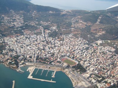 Mytilini harbour, view from the air, Mytilini, Lesbos, Greece