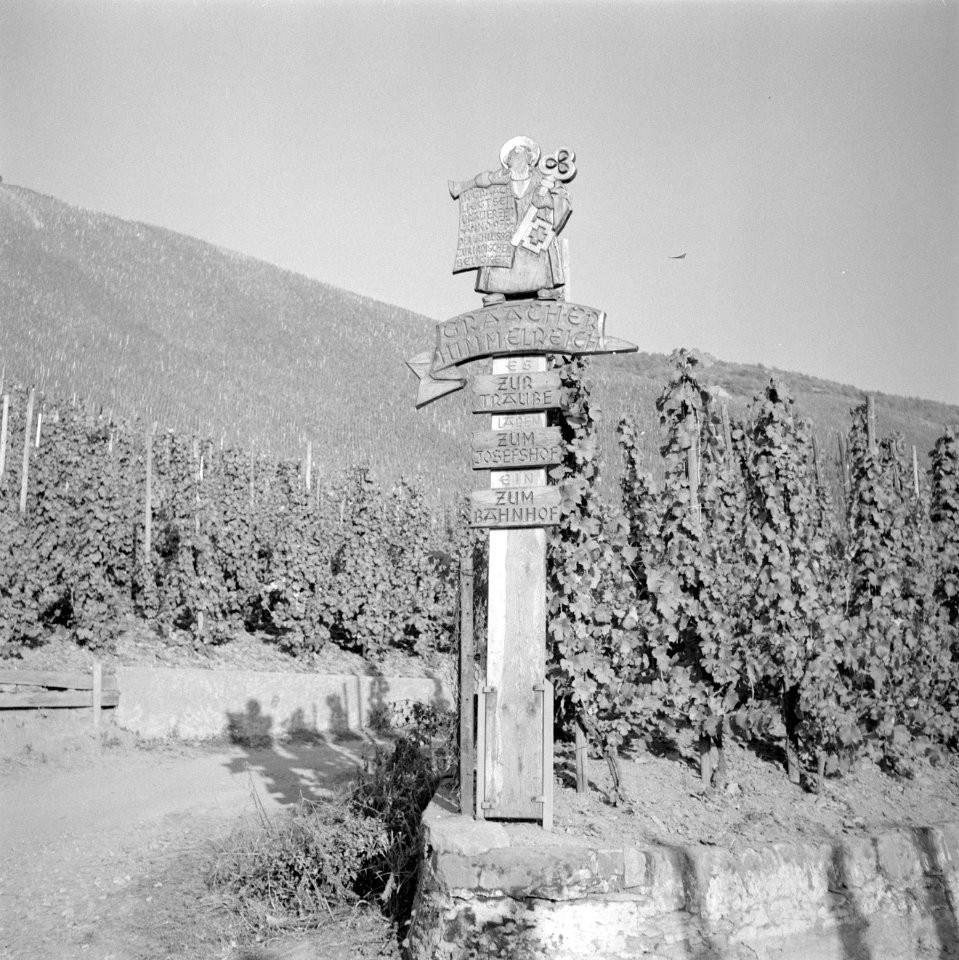 Naambord met wegwijzers in houtsnijwerk bij de wijngaard Graacher Himmelreich, Bestanddeelnr 254-4114