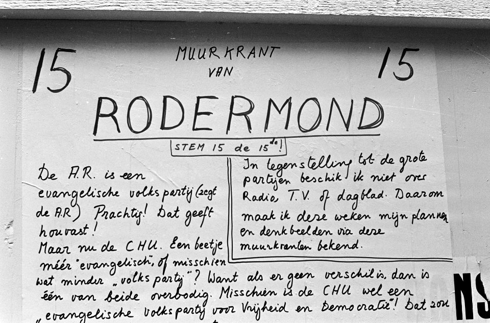 Muurkrant in Amsterdam ten dienst van verkiezing, van lij 15, kandidaat Rodermon, Bestanddeelnr 920-0281