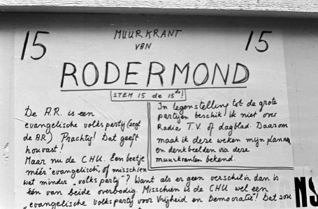 Muurkrant in Amsterdam ten dienst van verkiezing, van lij 15, kandidaat Rodermon, Bestanddeelnr 920-0281