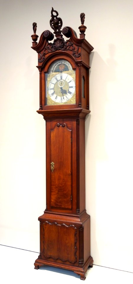 Musical Tall Case Clock, Philadelphia, 1755-1765, carving attributed to the Garven High Chest Carver, mahogany with tulip poplar - Chazen Museum of Art - DSC02654