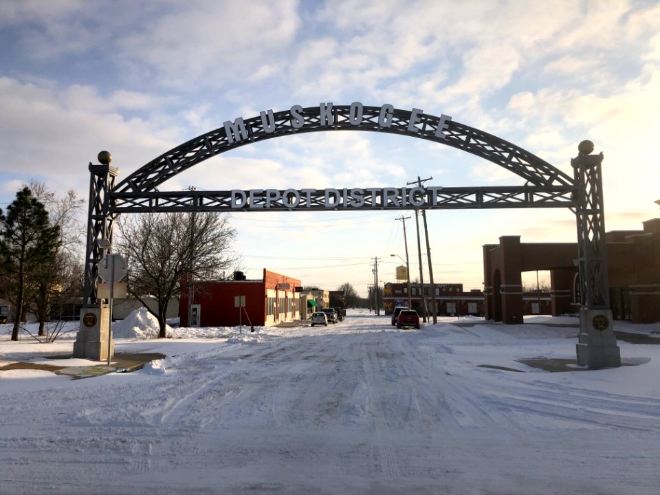 Muskogee snowstorm 2021-02-15 Muskogee Depot District sign NE