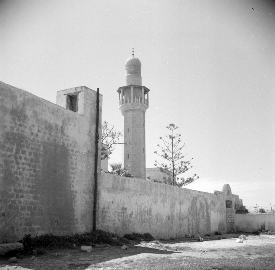 Muur met in het midden vermoedelijk de minaret van een moskee, Bestanddeelnr 255-0061