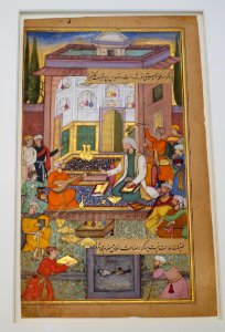 Musical entertainment at a scholar's home, folio from Akhlaq-i Nasiri (Ethics of Nasir), by Nasir al-Din Tusi, India, 1590-1595 AD, watercolour, ink, gold - Aga Khan Museum - Toronto, Canada - DSC07055