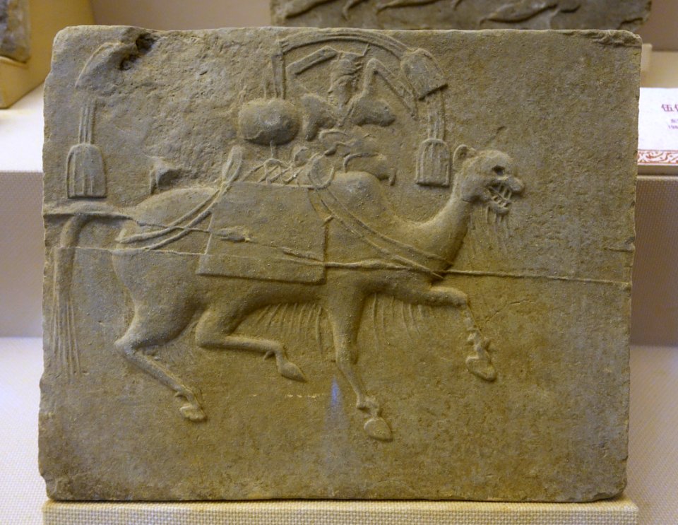 Musical performance on a camel, China, unearthed at Majia, Xindu District, Chengdu City, Eastern Han dynasty, 25-220 AD, tomb tile - Sichuan Provincial Museum - Chengdu, China - DSC04791