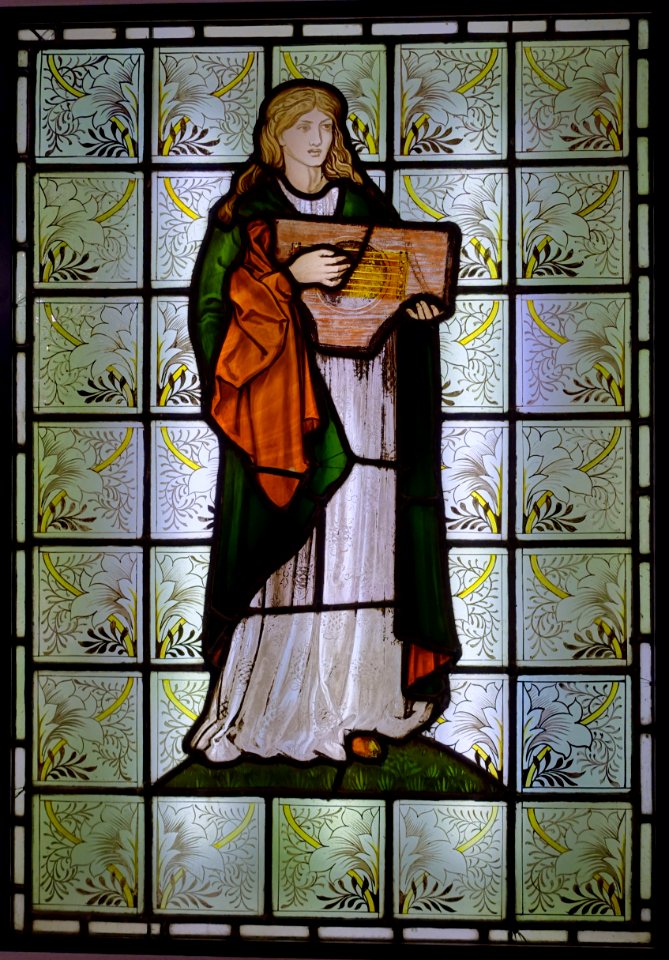 Musician with dulcimer, by William Morris, designed c. 1868, glass, view 1 - Hessisches Landesmuseum Darmstadt - Darmstadt, Germany - DSC01051