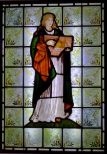Musician with dulcimer, by William Morris, designed c. 1868, glass, view 1 - Hessisches Landesmuseum Darmstadt - Darmstadt, Germany - DSC01051