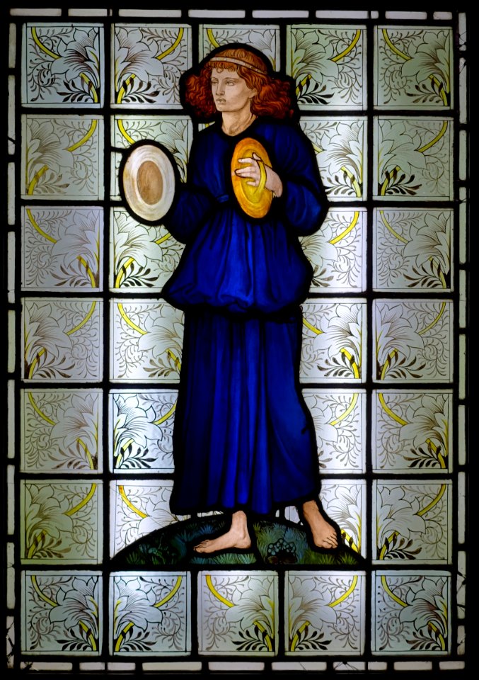 Musician with cymbals, by William Morris, designed c. 1868, glass, view 1 - Hessisches Landesmuseum Darmstadt - Darmstadt, Germany - - Hessisches Landesmuseum Darmstadt - Darmstadt, Germany - DSC01053