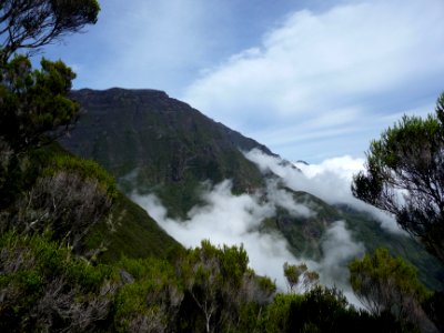 Vue sur le Piton des Neiges tout plat et tout vert, sur ce… 