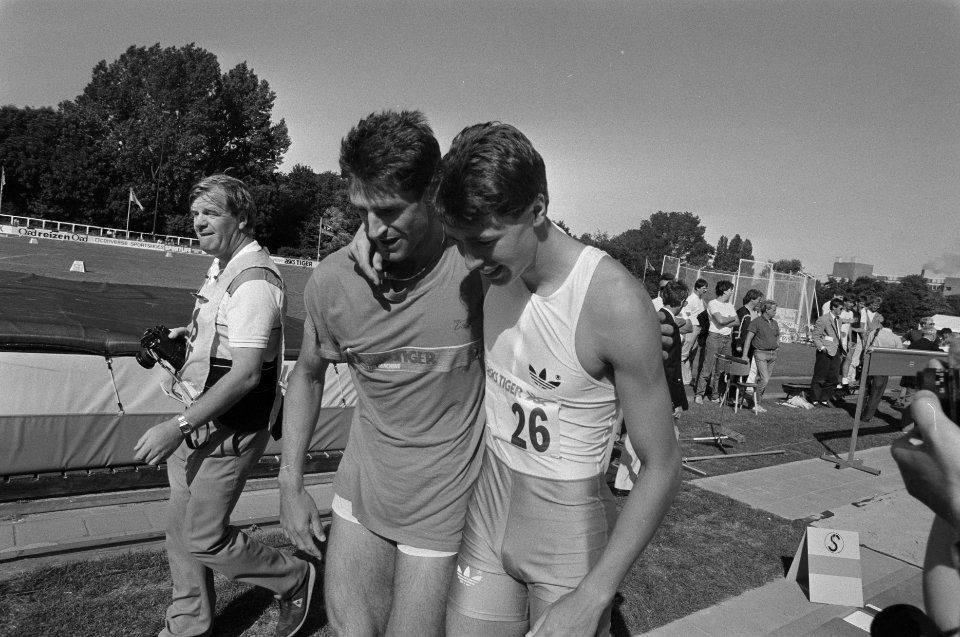 NK atletiek verspringers Emiel Mellaard (r) en Frans Maas, Bestanddeelnr 934-0316