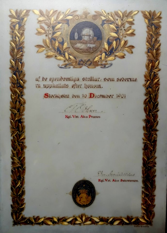 Nobel Prize certificate for Wilhelm Conrad Roentgen, 2 of 2, 10 December 1901 - Röntgen-Gedächtnisstätte Würzburg - Würzburg, Germany - DSC04272