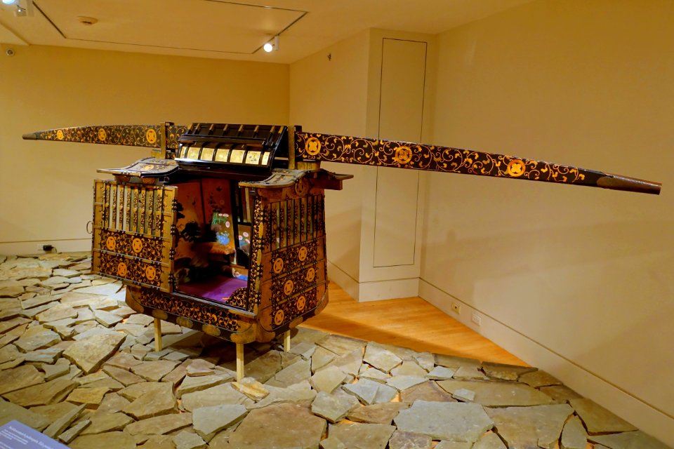Noblewoman's palanquin, view 1, Japan, Edo period, mid 1800s AD, wood with black lacquer and gilding, paintings with ink, color,and gold on paper - Peabody Essex Museum - DSC07395