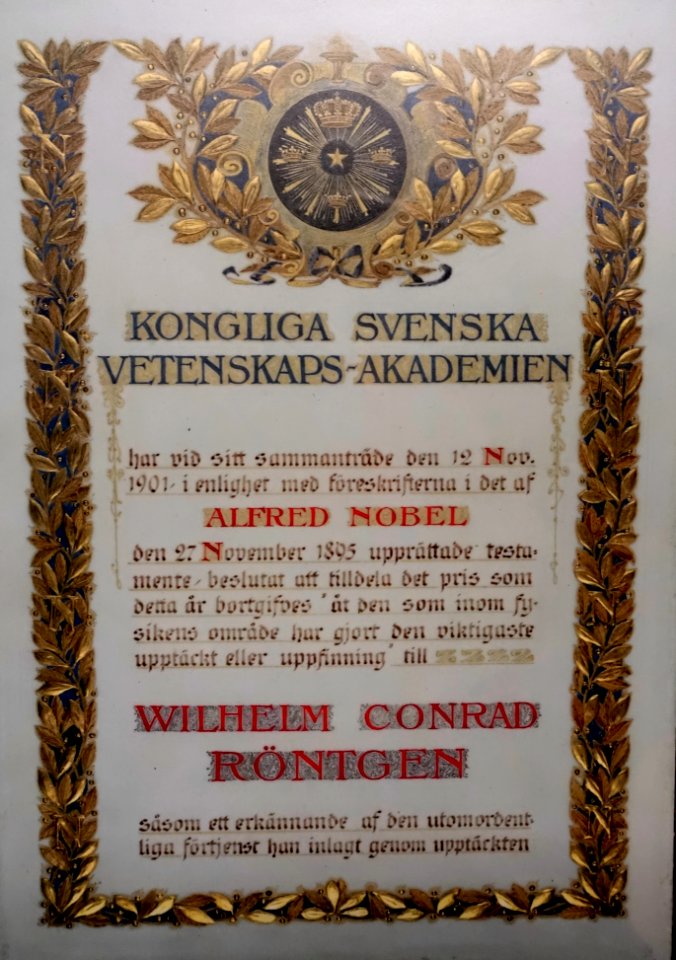 Nobel Prize certificate for Wilhelm Conrad Roentgen, 1 of 2, 10 December 1901 - Röntgen-Gedächtnisstätte Würzburg - Würzburg, Germany - DSC04271
