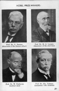 Nobelprijswinnaars. P. Zeeman, H.A. Lorentz, W. Einthoven, Chr. Eykman, Bestanddeelnr 935-0920 photo