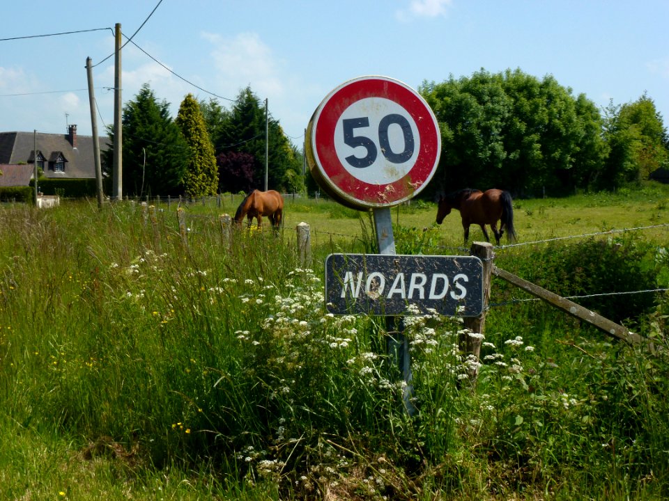 Noards (Eure, Fr) city limit sign and horses