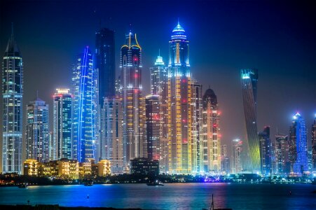 Illuminated scenic skyscrapers