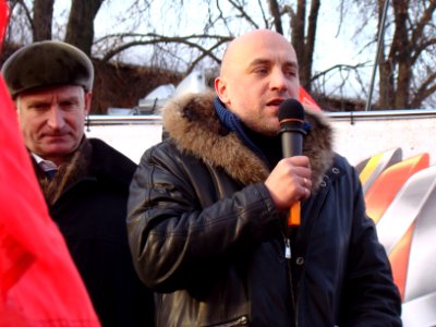 Nikolay Ryabov and Zakhar Prilepin on tribune, Nizhny Novgorod rally 4 February 2012