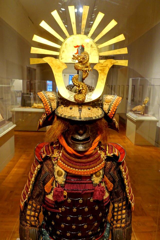 Nimaido tosei gusoku armor with Tokugawa crest, view 2, by Myochin Munemasa, completed 1749, iron, silver, gold, shakudo, leather, silk, wool, lacquer - Portland Art Museum - Portland, Oregon - DSC08671