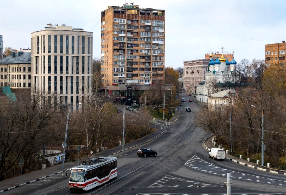 Nizhny Novgorod. Tram on the Dobrolyubov street. The Holy Myrrhbearers church seen at right