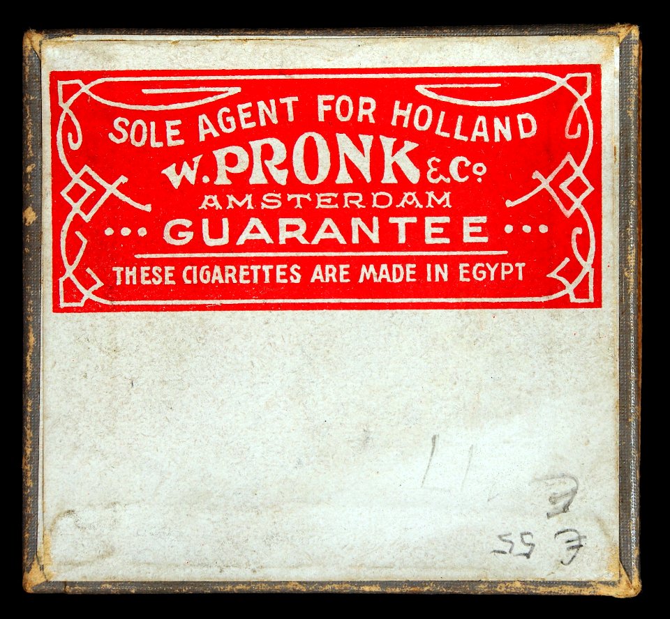 Nour cigarettes box, back, Sole agent for Holland W Pronk & Co, Amsterdam