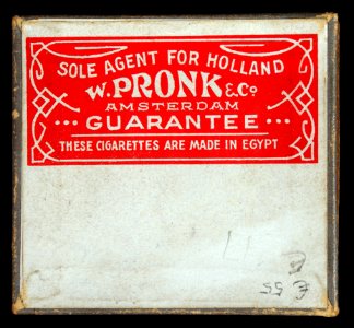 Nour cigarettes box, back, Sole agent for Holland W Pronk & Co, Amsterdam