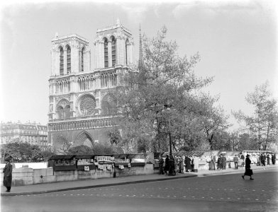 Notre Dame te Parijs, met boekenstalletjes langs de Seine op de voorgrond, Bestanddeelnr 190-0727