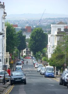 Northwestward view along Clifton Hill, Montpelier, Brighton (July 2014)