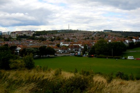 Northwestward view towards Brighton Racecourse from Roedean Road, Roedean, Brighton (August 2014) (2)