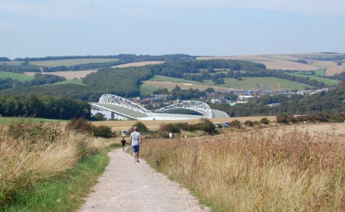 Northwestward view towards Amex Stadium from path alongside B2123 (August 2019) (2)