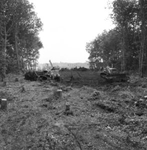 Npc, pijpleidingen, stobben rooien, buldozers, Bestanddeelnr 165-0639