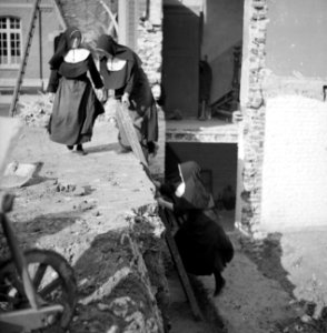 Nonnen op ladder tegen taluud van kelder, Bestanddeelnr 191-1173