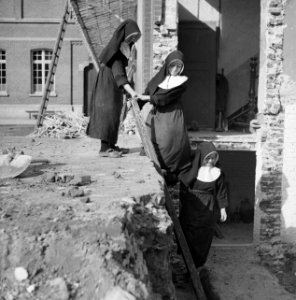 Nonnen op ladder tegen taluud van kelder, Bestanddeelnr 191-1172 photo