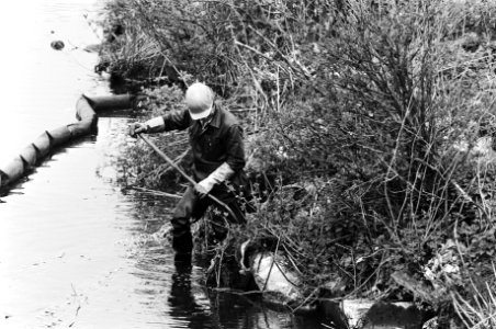 Nog steeds is men bezig met het uitlepelen van vaten gif op de vuilnisstortplaats in Volgermeerpolder, langs de waterkant worden giftige vaten opgezocht, Bestanddeelnr 931-4191