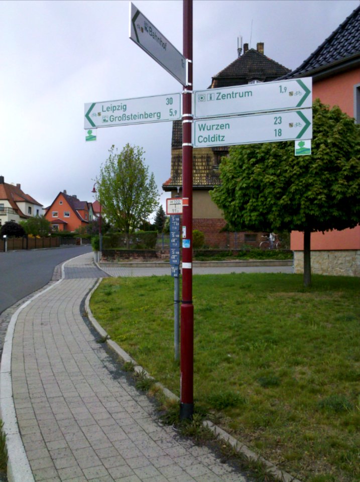 Normwegweiser SachsenNetz Rad in Grimma mit Piktogrammen für die Parthe-Mulde-Radroute im April 2019