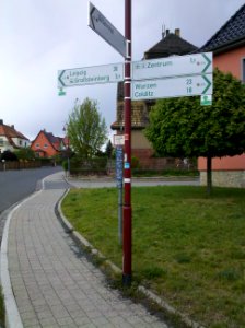 Normwegweiser SachsenNetz Rad in Grimma mit Piktogrammen für die Parthe-Mulde-Radroute im April 2019