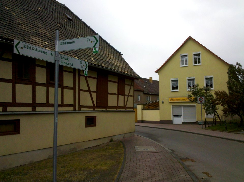 Normwegweiser SachsenNetz Rad in Großsteinberg mit Piktogrammen für die Parthe-Mulde-Radroute im April 2019