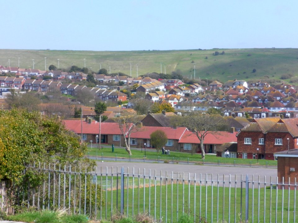 Northeastward view along Bristol Gate towards bottom end of Whitehawk estate, Brighton (April 2013)