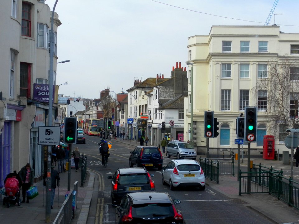 Northward view along London Road at St Peter's Place and Cheapside junction, Brighton (April 2013)