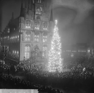 Noorse kerstboom voor Gouda door ambassadeur aangeboden op het Marktplein voor h, Bestanddeelnr 915-8742