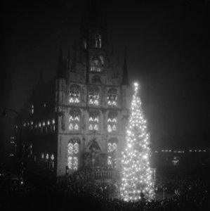Noorse kerstboom voor Gouda door ambassadeur aangeboden op het Marktplein voor h, Bestanddeelnr 915-8745