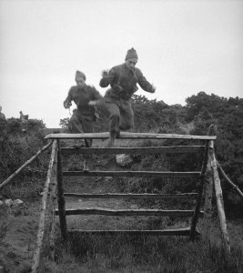 Netherlands Brigade Manoeuvres. Jumping the barricade Oefeningen Prinses Irene…, Bestanddeelnr 934-9375