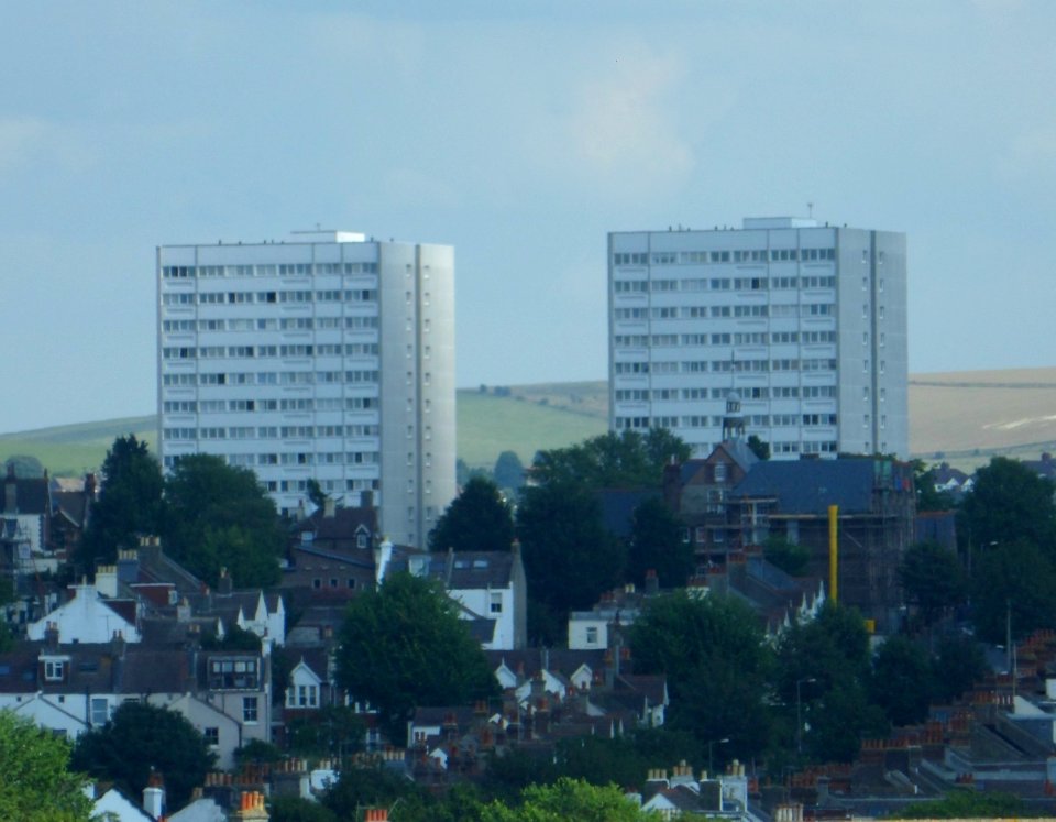 Nettleton Court and Dudeney Lodge from Highcroft Villas, Prestonville, Brighton (August 2013)