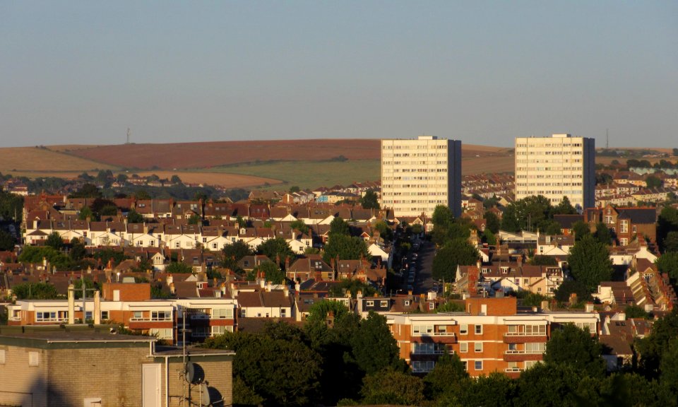 Nettleton Court and Dudeney Lodge from Highcroft Villas, Prestonville, Brighton (August 2016) (1)