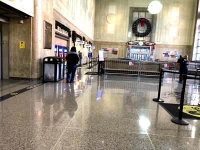Newark Penn Station waiting room with view of ticket counters during COVID-19 lockdown