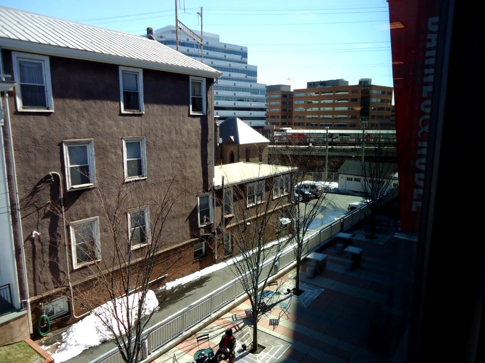 New Brunswick NJ view of buildings and train tracks looking east from bookstore