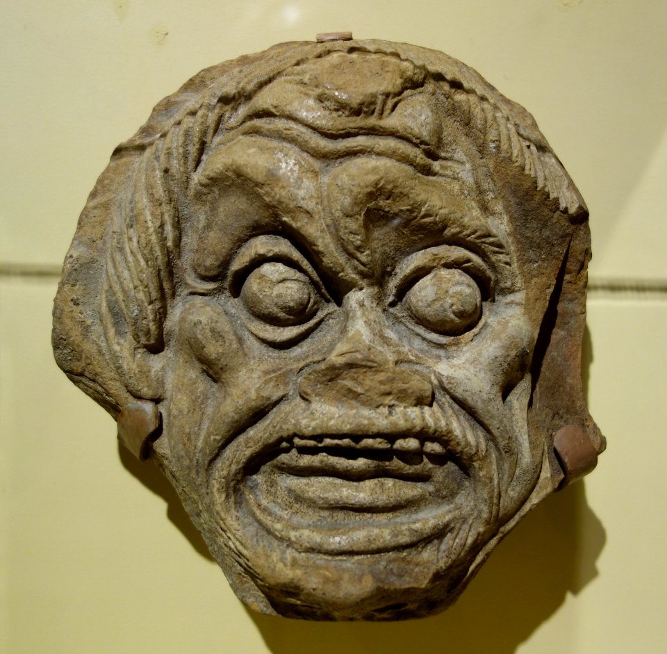 New comedy mask with head of actor inside, Greek, 200 BC, terracotta - Fitchburg Art Museum - DSC08625
