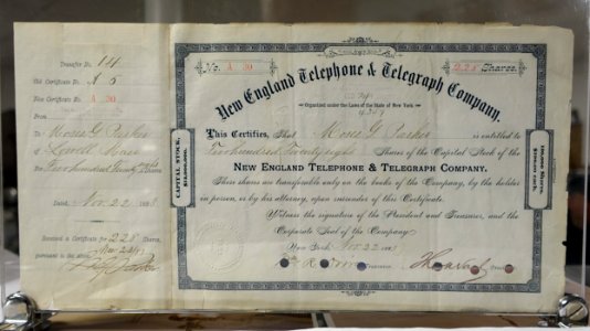 New England Telephone & Telegraph Company stock certificate, Nov. 22, 1883 - Telephone Museum - Waltham, Massachusetts -DSC08262
